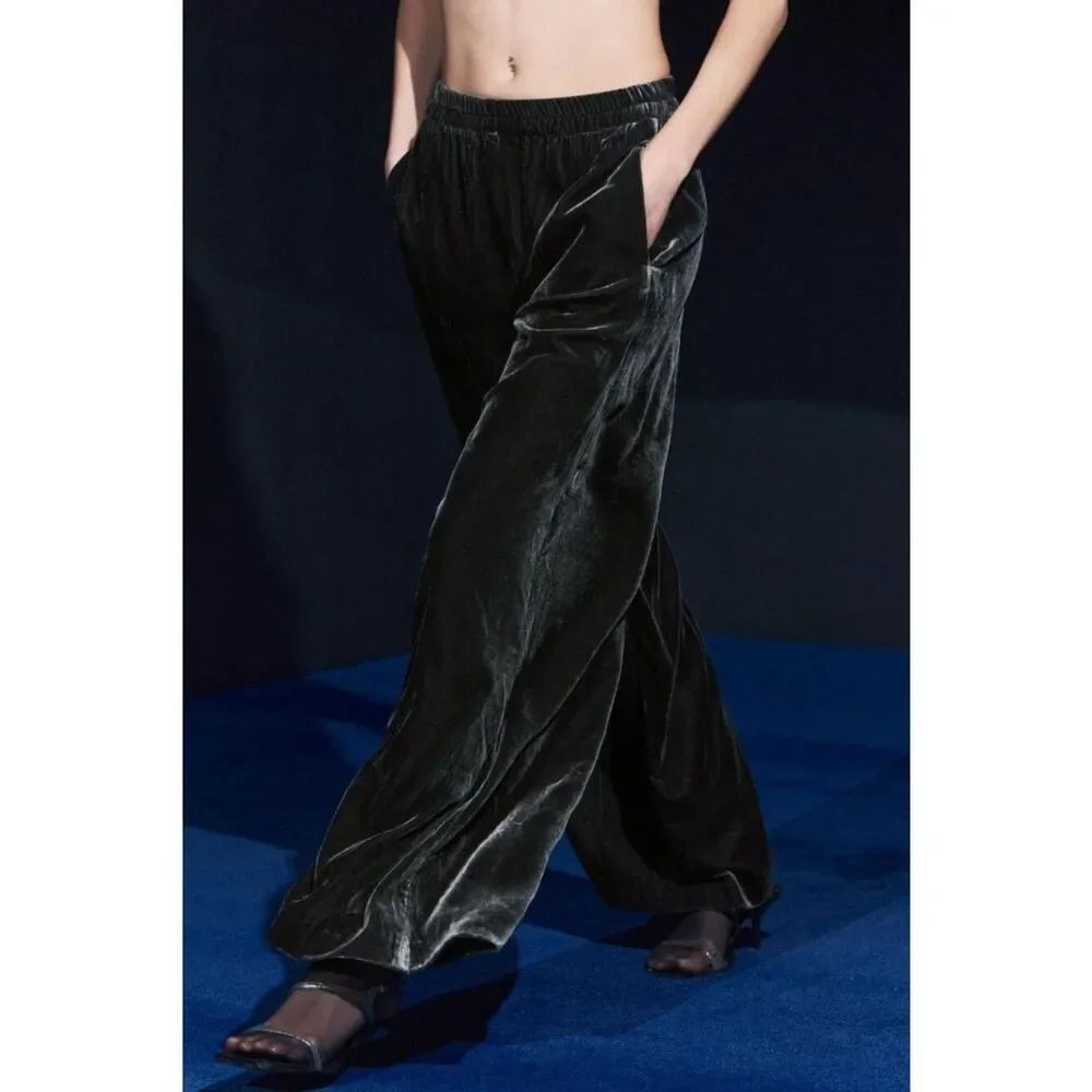 Zara ZW Womens Velvet Pajama-Style Trousers Small Gray Wide Leg 0015/158 NWT